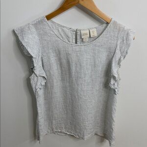Catherine Malandrino Light Gray Striped Linen Top with Ruffle Sleeves – Small